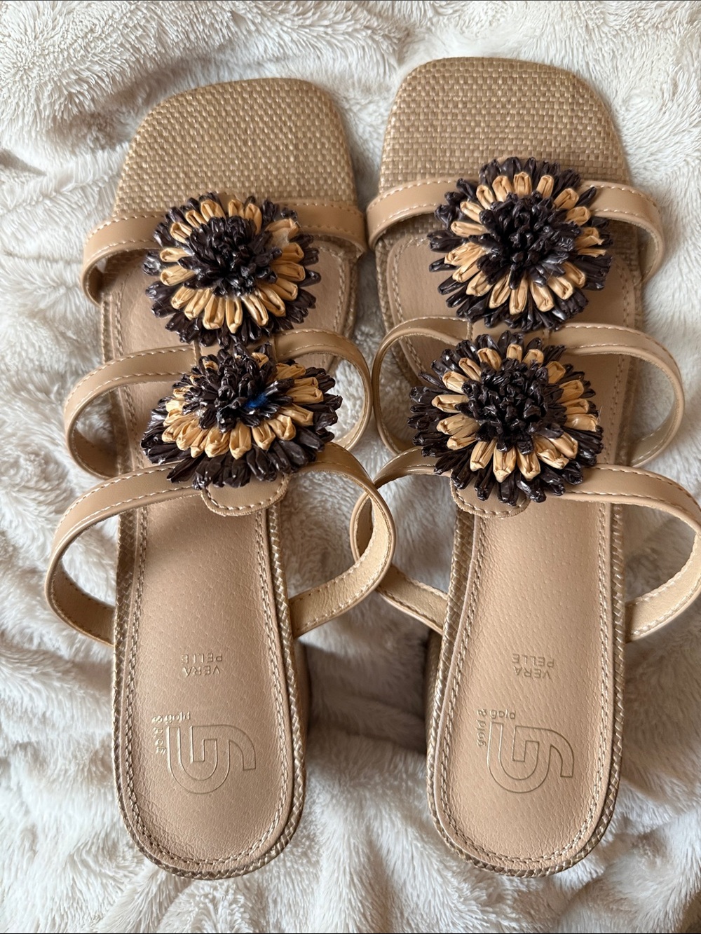 Vera Pelle Tan Floral Embellished Double-Strap Block Heel Sandals